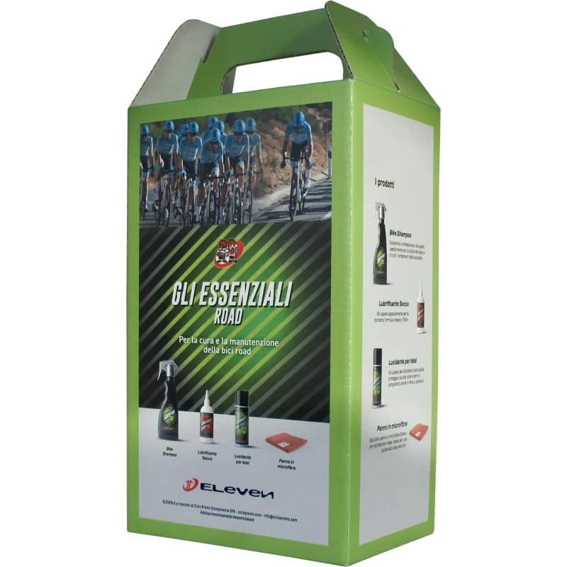 Eleven Kit "GLI ESSENZIALI ROAD" - prodotti per cura e manutenzione bici con opuscolo illustrativo